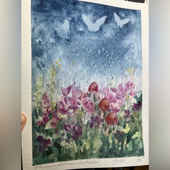 Original Mushrooms butterfly painting floral nature watercolor art Artettina USA - Picture 5 of 7